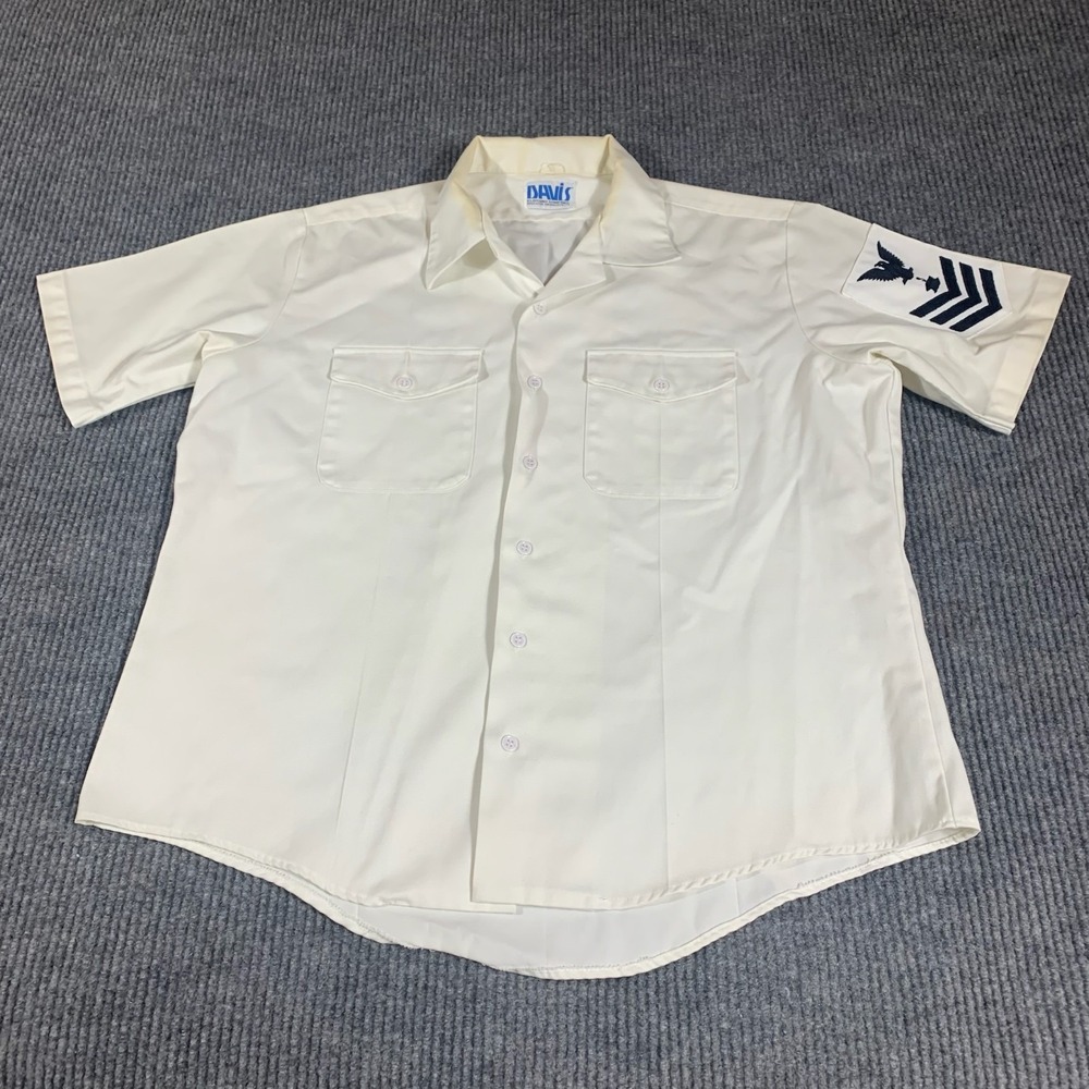 VTG Davis US Navy Military Shirt Mens XL White Uniform Dress Button Up Patch 70s